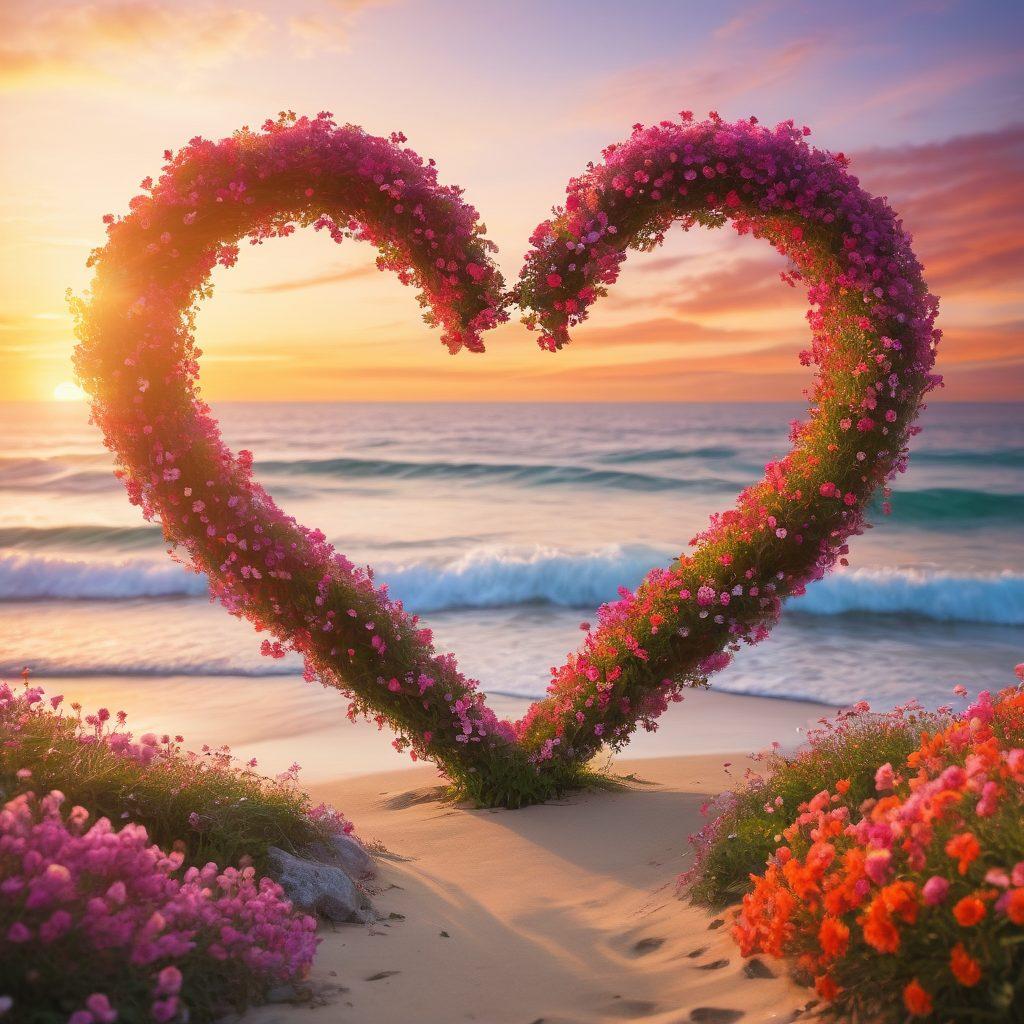 A serene scene of two intertwined hearts, symbolizing emotional intelligence and self-love, surrounded by blooming flowers representing personal growth. The background should depict a radiant sunset, radiating warmth and connection, with gentle waves lapping at a shore. Include subtle elements of diverse couples sharing moments of joy and understanding in the background. vibrant colors. soft focus.