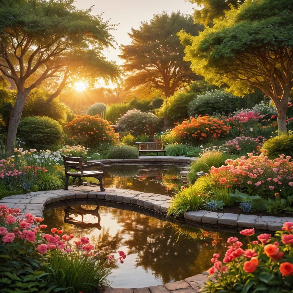 A serene, lush garden at sunset, with a couple sitting on a bench, holding hands and gazing into each other's eyes. Flowers blooming around them symbolize nurturing love, while soft golden light filters through the trees creating a warm atmosphere. Include a small heart-shaped pond reflecting the sunset colors. romantic, super-realistic, vibrant colors.
