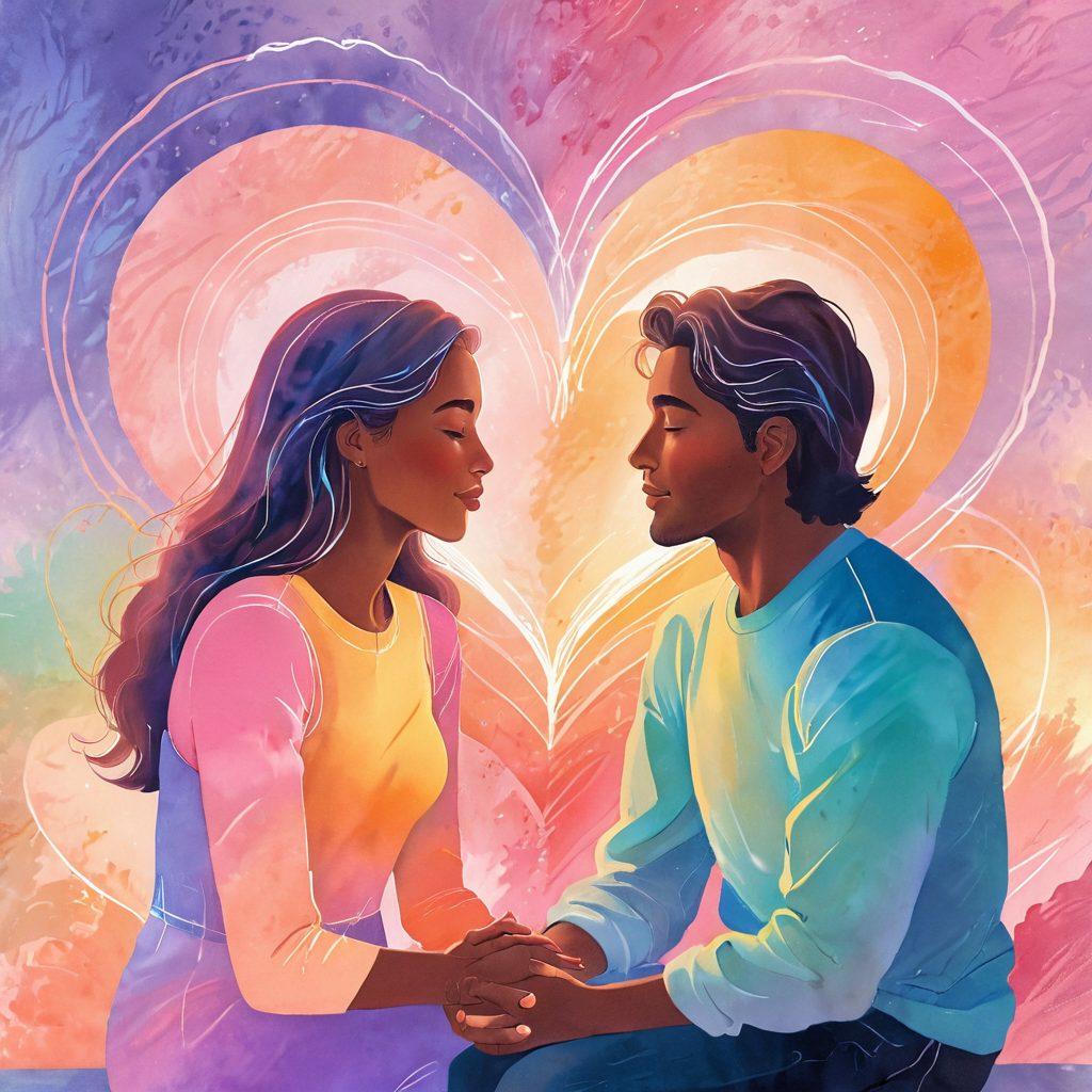 A romantic couple sitting closely together, sharing a heartfelt conversation under a soft, glowing light. The background features a dreamy, abstract representation of interlocking hearts and delicate lines symbolizing trust and vulnerability. The couple's expressions embody warmth and sincerity, conveying a deep emotional connection. Soft pastel colors enhance the tender atmosphere. digital painting. vibrant colors.